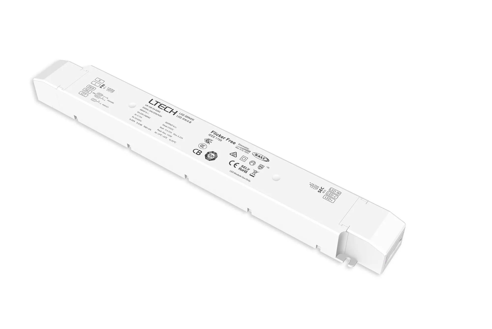LM-150-24-G2D2  DALI DT8/Push DIM/CCT, 0-100% Dim, CV 100W, 24Vdc 6.25A, 2CH O/P, 200-240Vac, IP20, 5yrs Warranty.